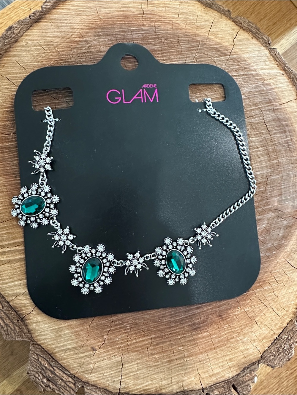 Ardene Glam Silver Necklace with Emerald Stones and Rhinestone Florals